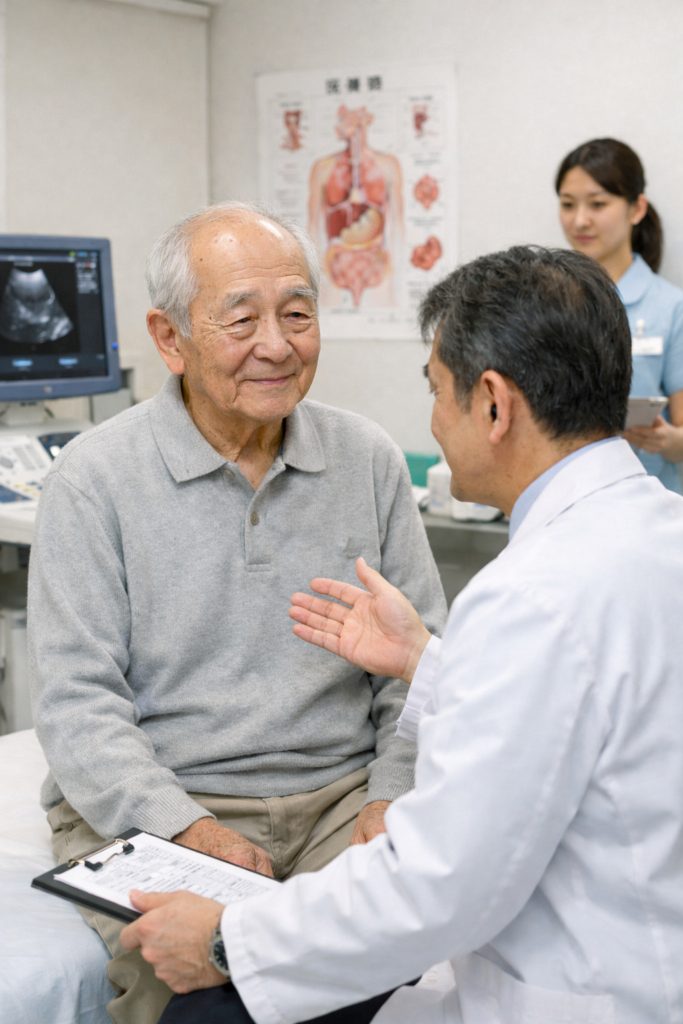 病院で医師の説明を受ける高齢の男性(通院の付き添い)