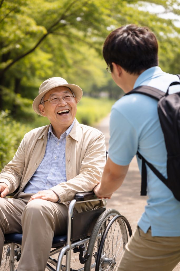公園での外出を楽しむ車いすの男性と付き添いスタッフ