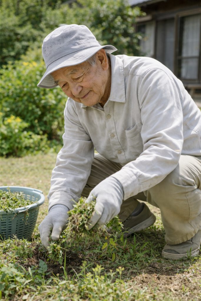 庭で草むしりをする様子(生活支援サービス)
