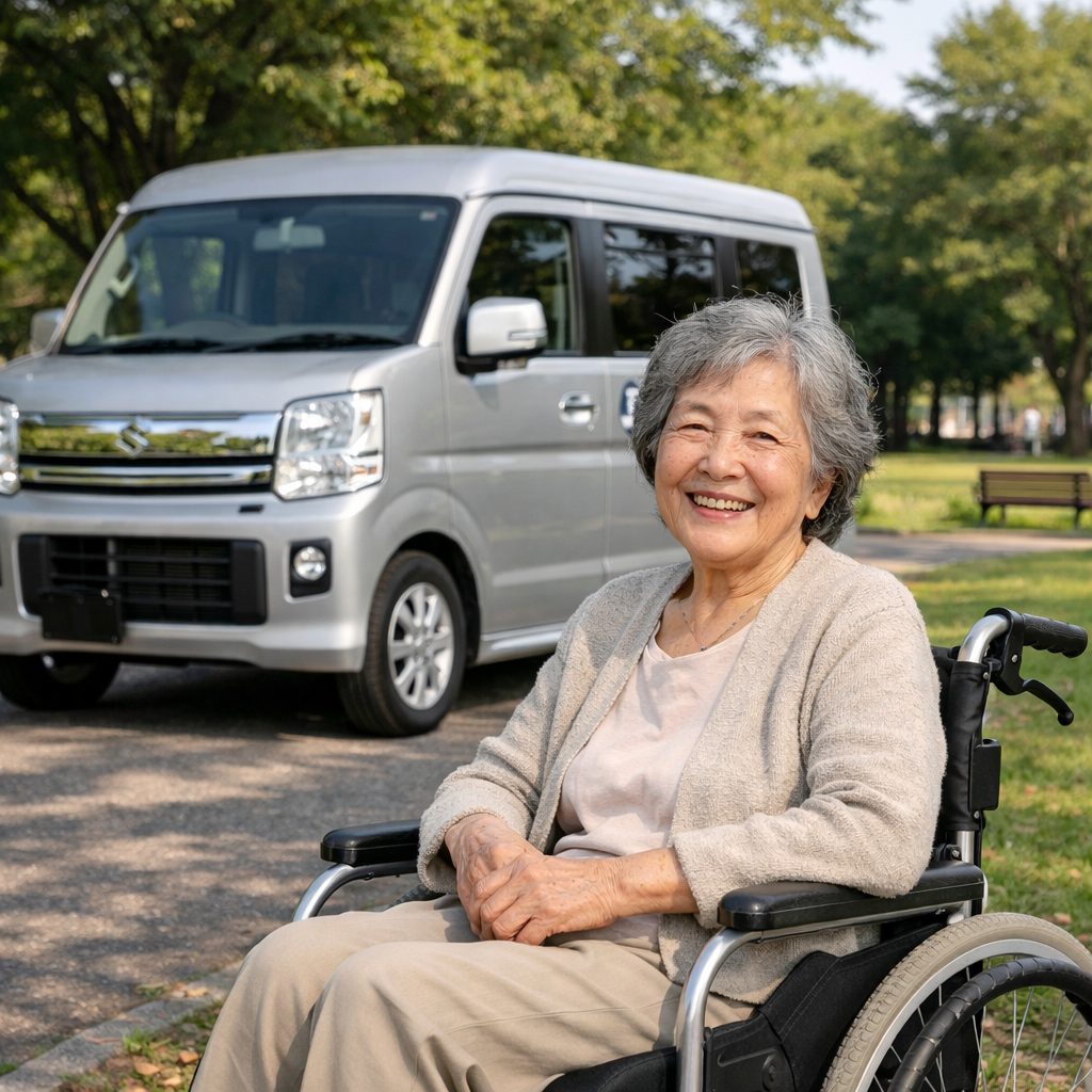 介護タクシーの車両の前で笑顔の車いすの女性