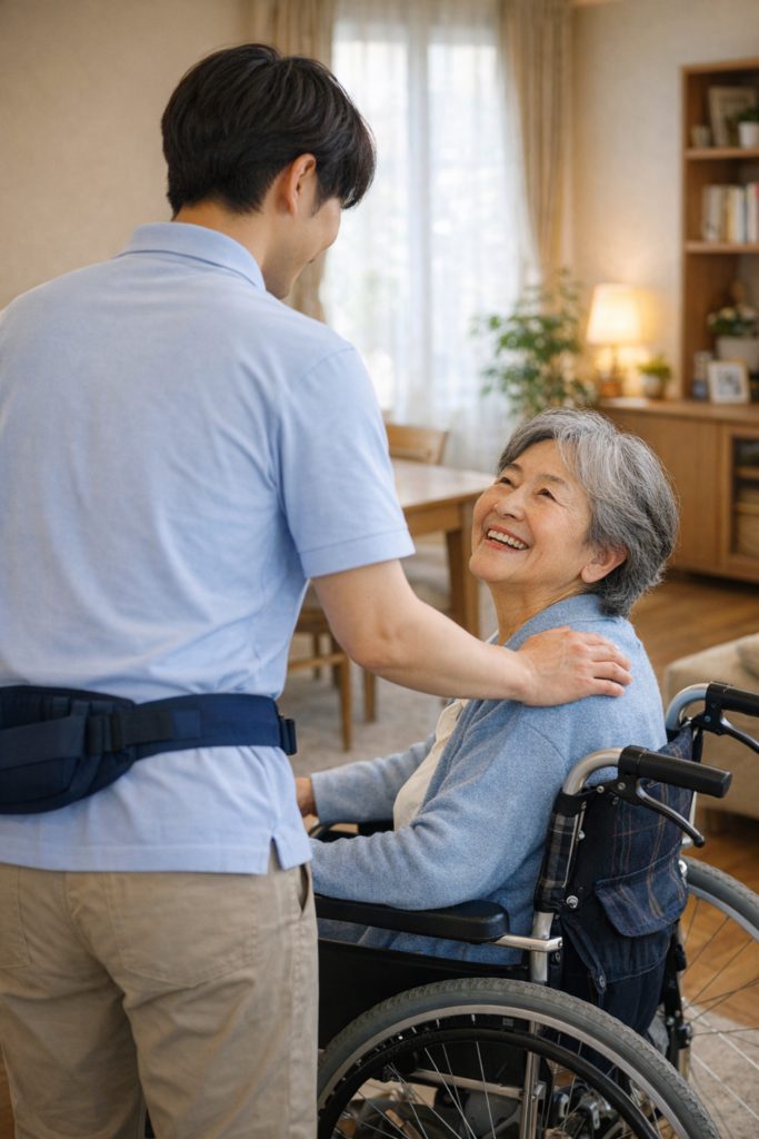 自宅で車いすへの移乗を介助するスタッフ