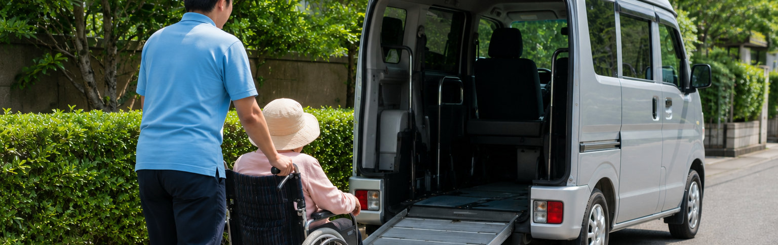 介護タクシーの福祉車両へスロープを使って車いすで乗車する介助のようす